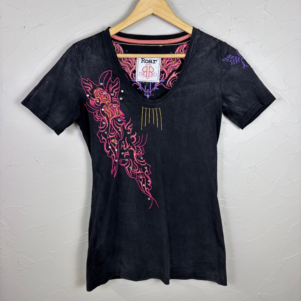 Roar Y2K‎ Shirt Embroidered Large Rhinestone Western Black Top Gothic